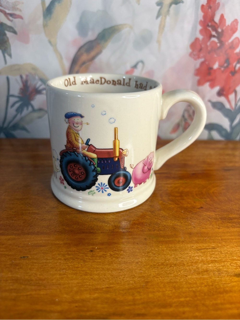 Vintage Ceramic Mug with Tractor and Pig Illustration - White